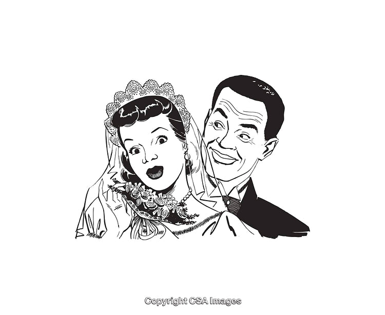 Retro Wedding Couple Black And White Illustration Featuring Bride And Groom Expressions
