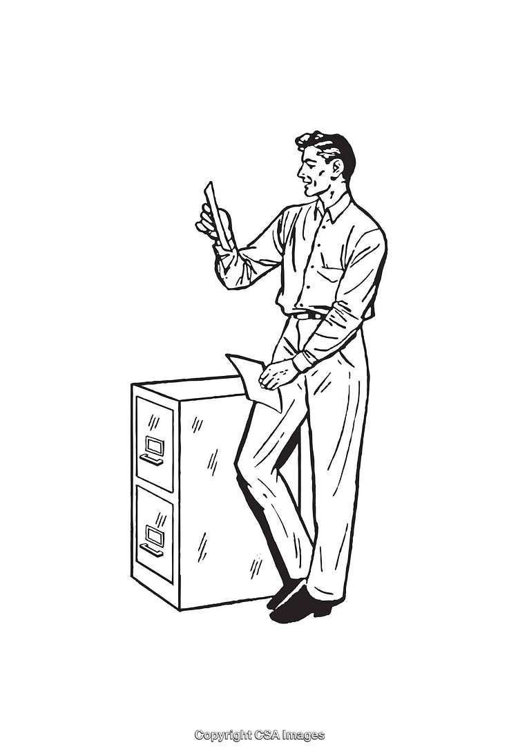 Retro Illustration of a Man Checking Files Next to a File Cabinet