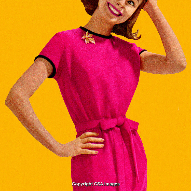 Retro Style Woman Smiling in Pink Dress with Yellow Background