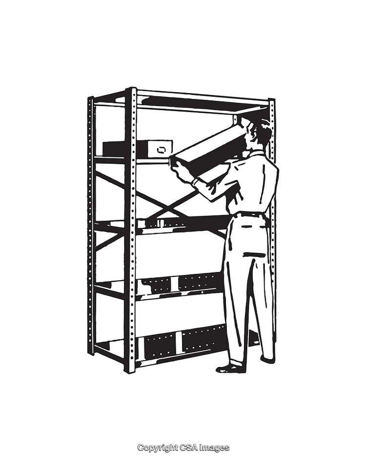 Black and White Illustration of Man Storing Items on Shelves