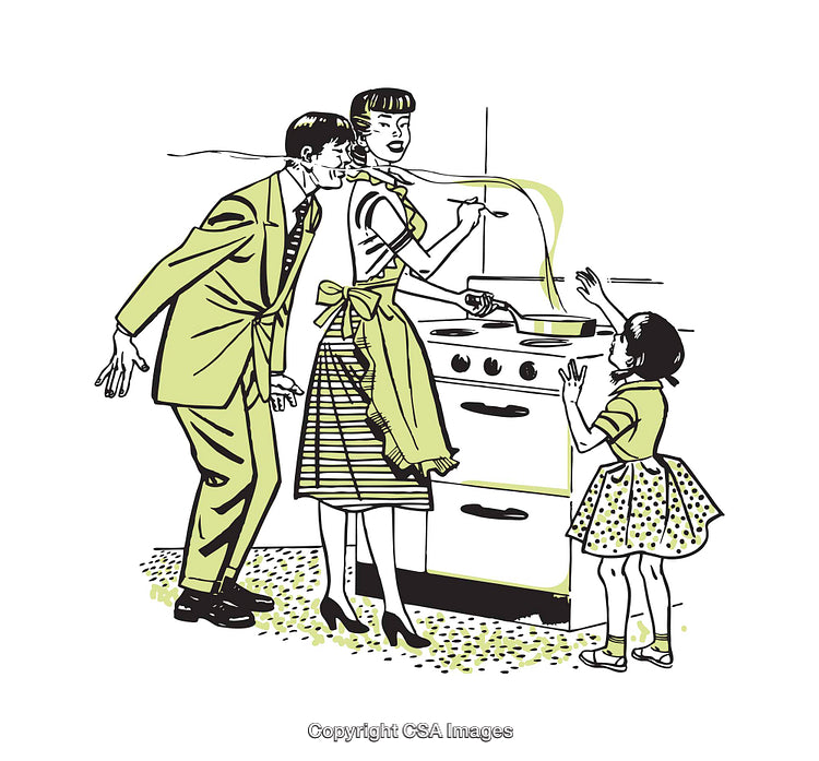 Retro Illustration of Family Cooking Together in a 1950s Style Kitchen