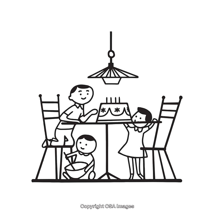 Illustration of Children Enjoying a Birthday Cake Around a Table