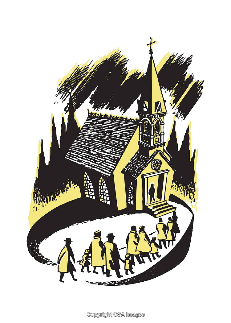 Vintage Church Illustration with Congregation Arriving for Service