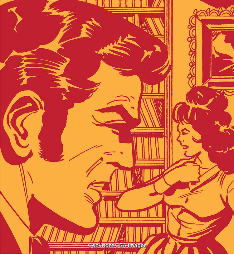 Retro Comic-Style Illustration Depicting a Dramatic Encounter Between Two Characters