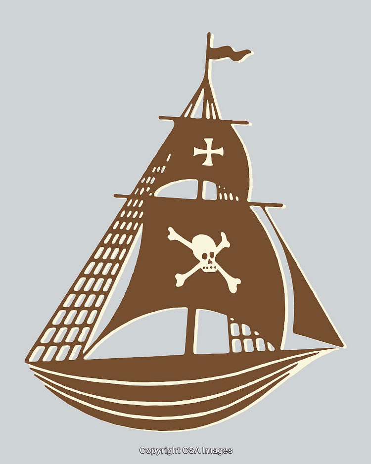Vintage Pirate Ship Illustration with Skull and Crossbones Design