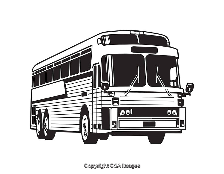Detailed Black and White Line Art Illustration of a Vintage Bus