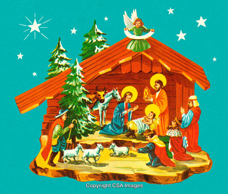 Traditional Nativity Scene Depicting the Birth of Jesus with Holy Figures