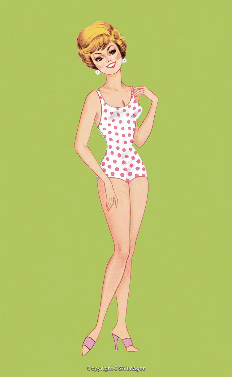Retro Illustration of a Woman in Polka Dot Swimwear on Green Background