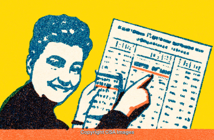 Vintage Illustration of Woman Pointing at Tabular Chart on Yellow Background
