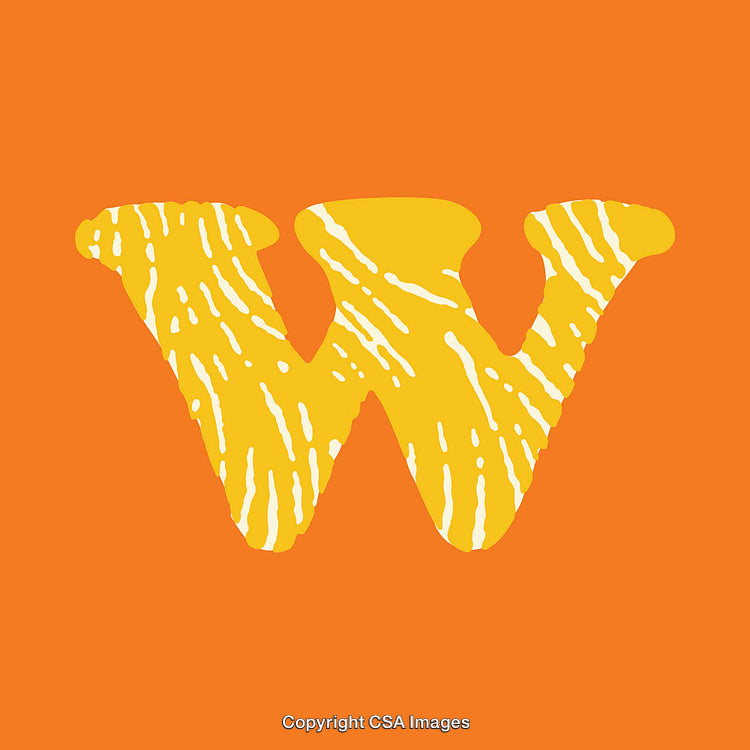 Bright Yellow Letter W on Vibrant Orange Background with Abstract Textures