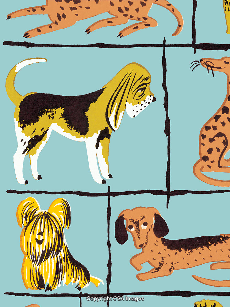 Colorful Illustration of Dogs in Cartoon Style on Light Blue Background