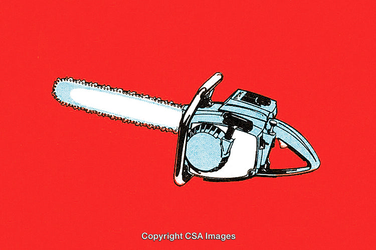 Illustrative Chainsaw on Bold Red Background Depicting Industrial Style and Tool Design