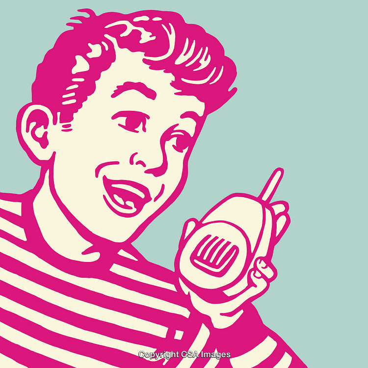 Retro Line Art Showing a Boy Using a Handheld Device with Excitement