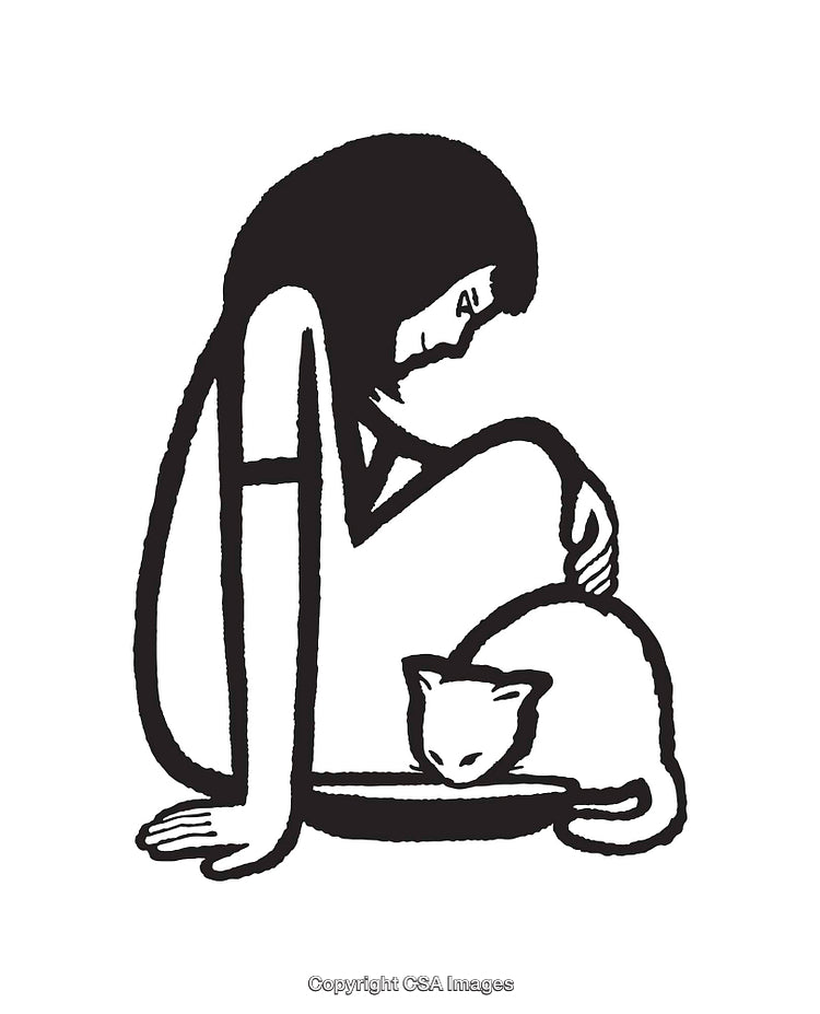 Minimalist Line Art Depicting Woman Caring for Cat in Peaceful Pose