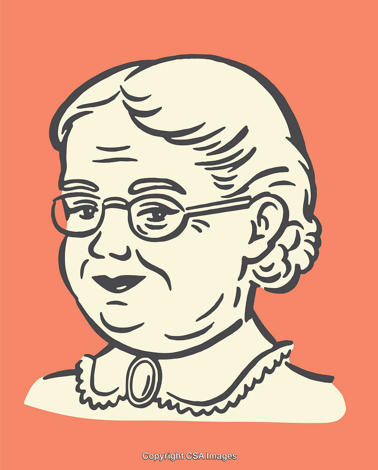 Vintage Illustration of an Elderly Woman Wearing Glasses on Coral Background