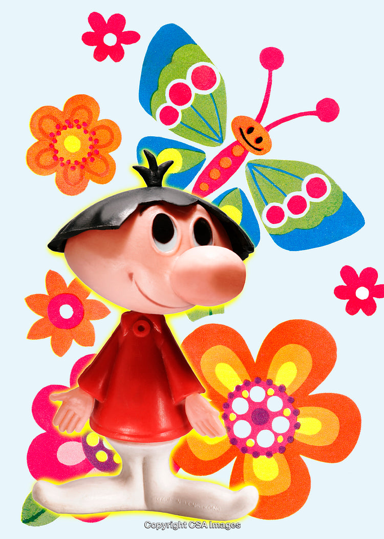 Colorful Plastic Toy Figure With Floral and Butterfly Background