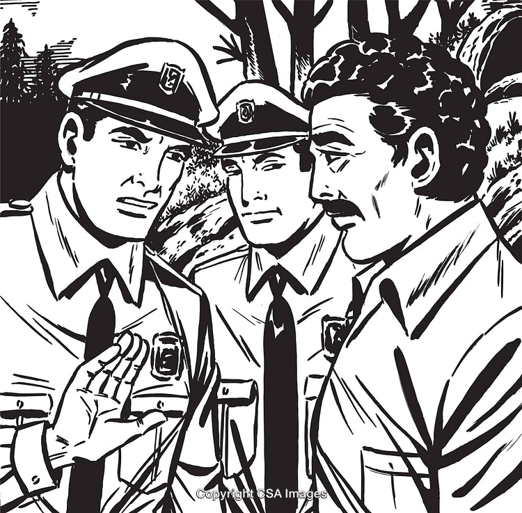 Two Policemen and a Citizen in Discussion in a Forest Setting