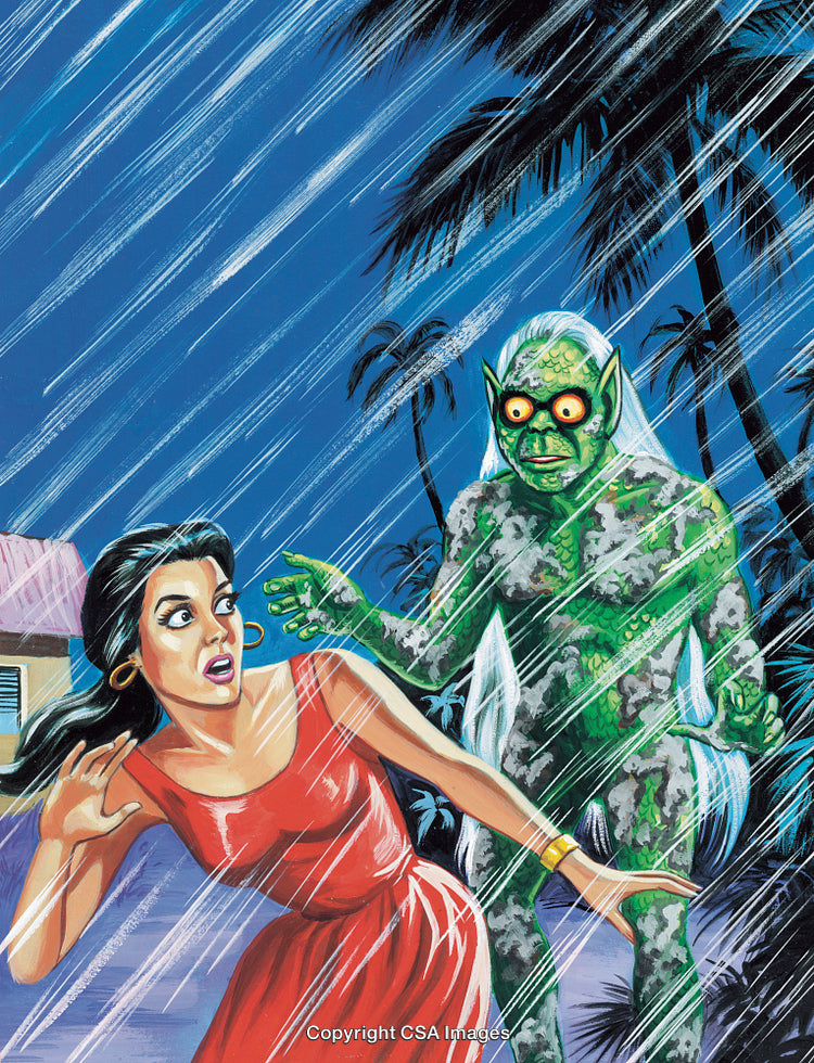 Terrified Woman Confronting Mysterious Creature in a Rainy, Tropical Setting