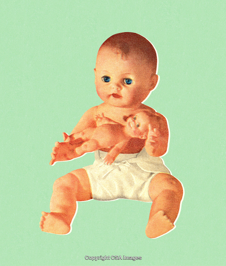 Vintage Baby Doll Holding Smaller Doll on Pastel Background