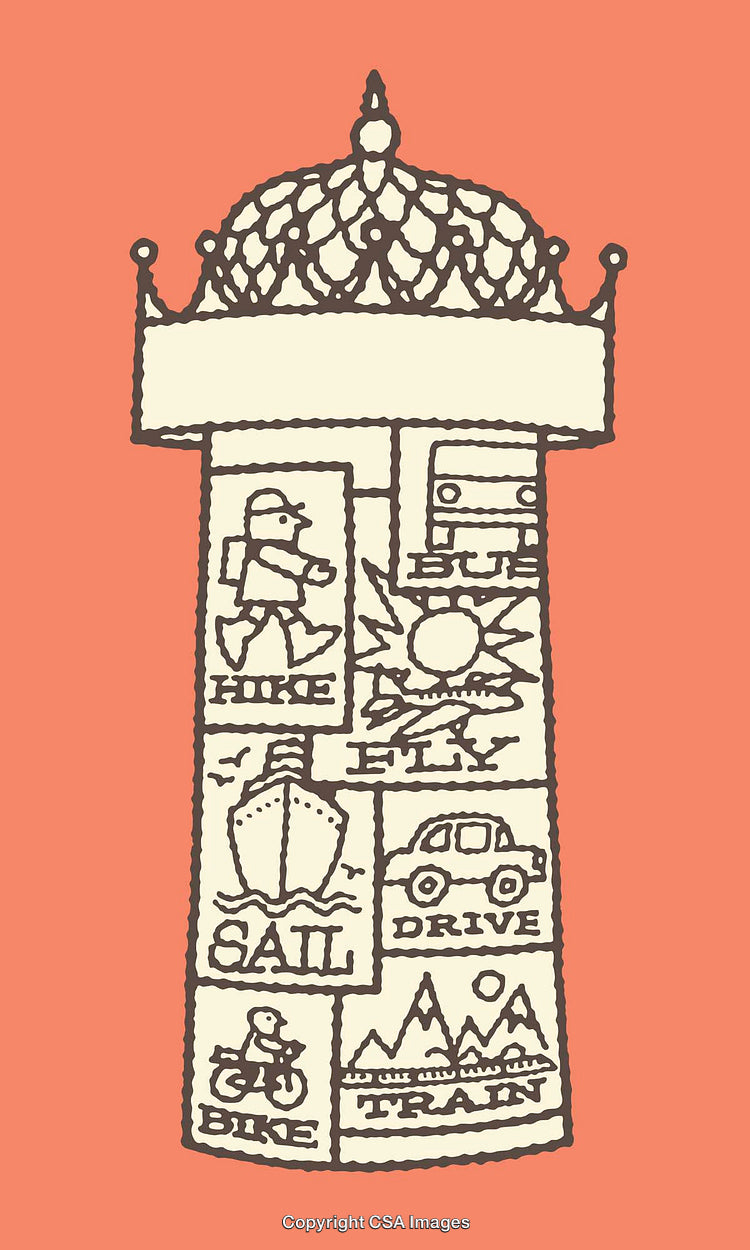 Illustrated Design Incorporating Modes of Travel in Artistic Banner Style