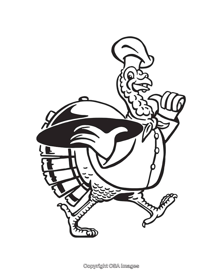 Black And White Illustration of a Chef Turkey Holding a Serving Tray