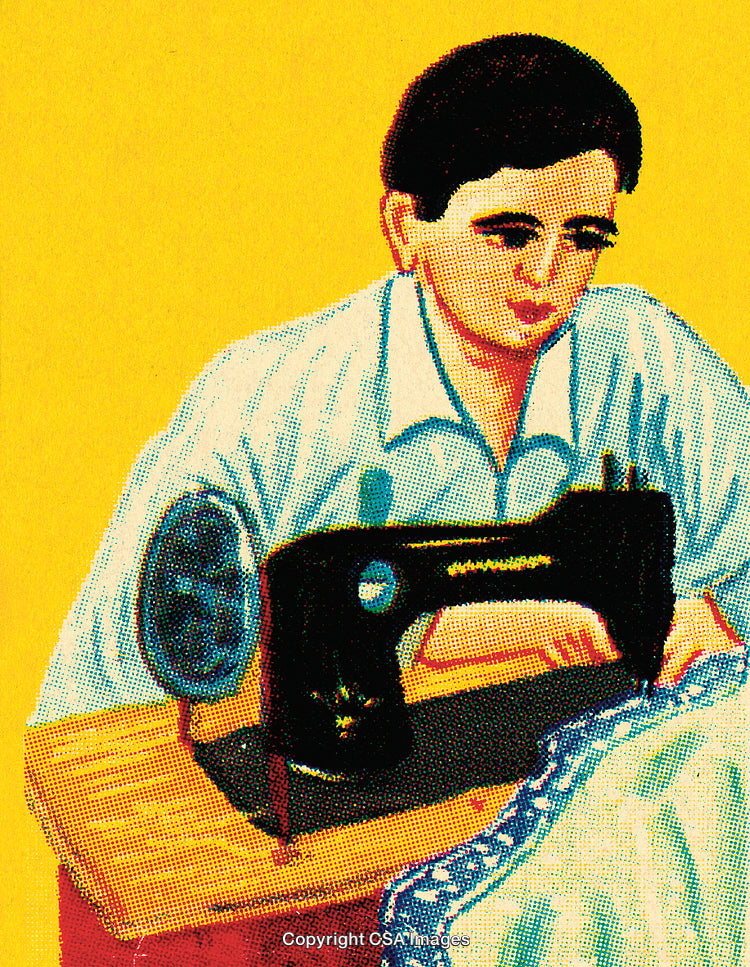 Colorful Artistic Depiction of a Person with a Sewing Machine on Yellow Background