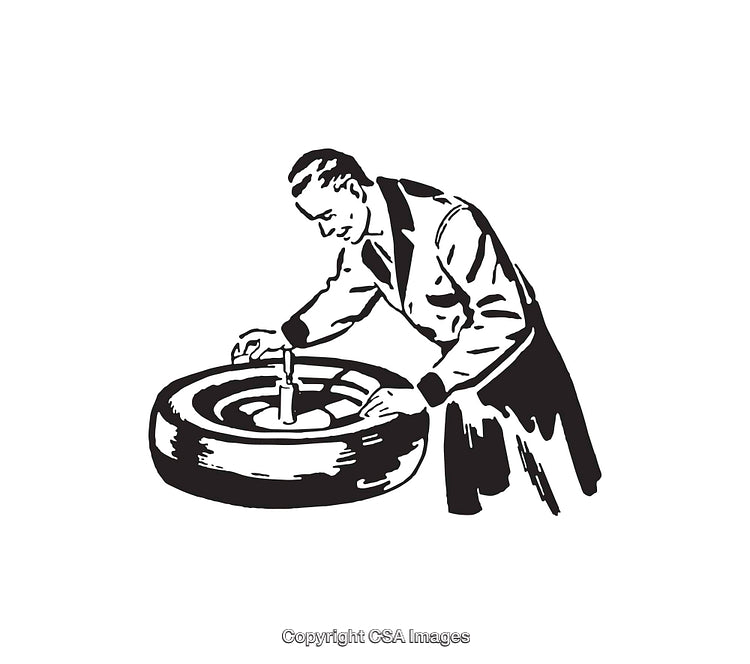 Retro Black and White Illustration of a Man Checking a Tire