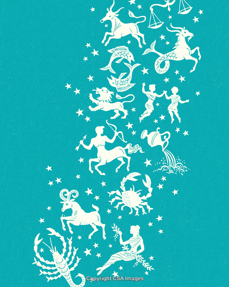 Artistic Zodiac Symbols With Stars on a Vibrant Teal Background