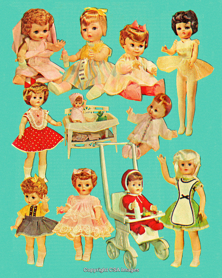 Vintage Dolls in Retro Outfits on Bright Blue Background