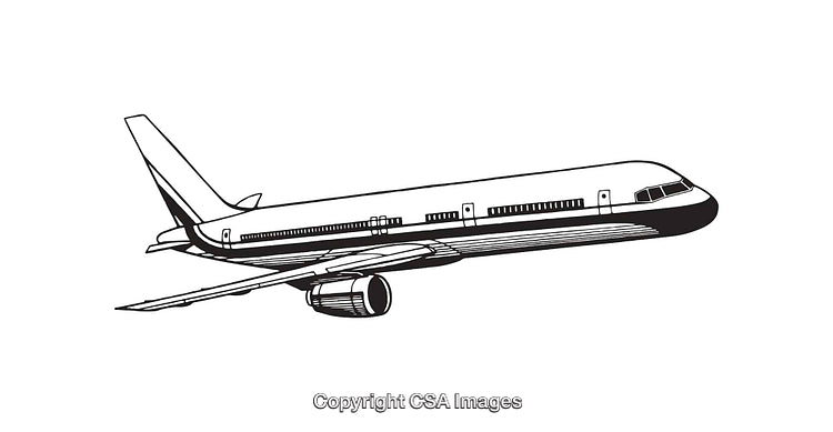 Illustration of a Commercial Airplane in Flight, Black and White Line Drawing