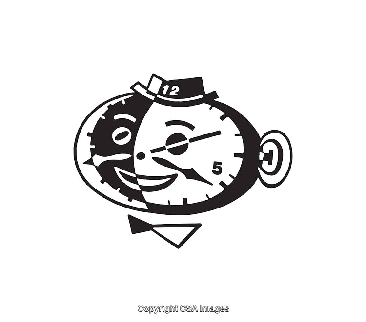 Black and White Line Art Illustration of a Smiling Clock Face