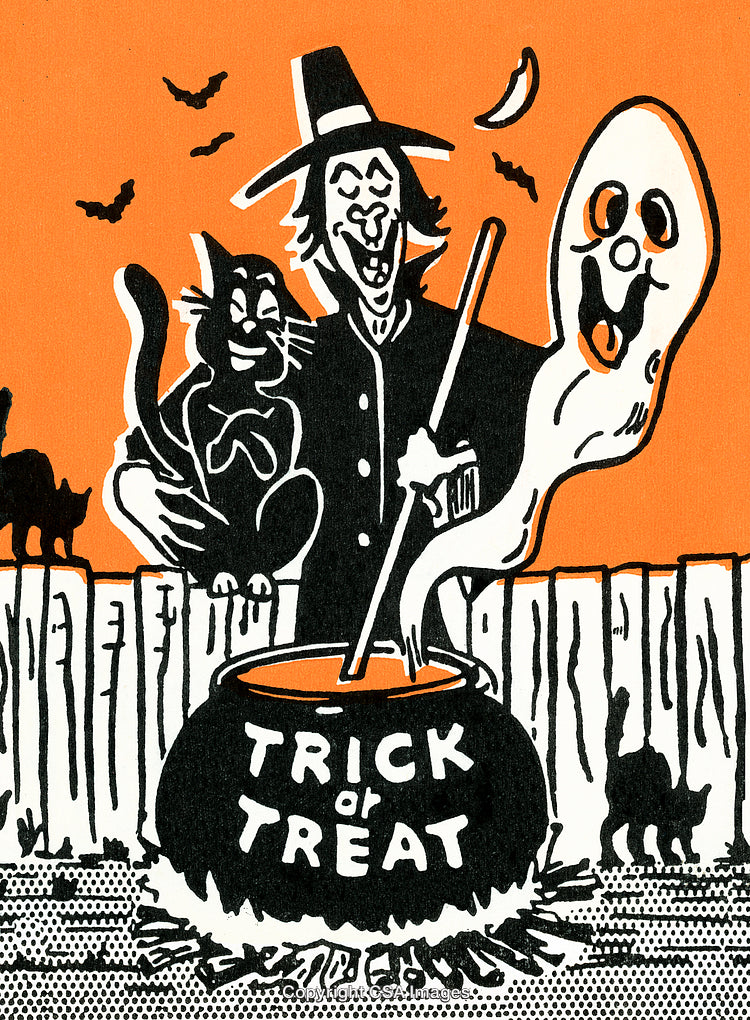 Vintage Halloween Illustration with Witch, Ghost, Black Cat, and Trick or Treat Theme