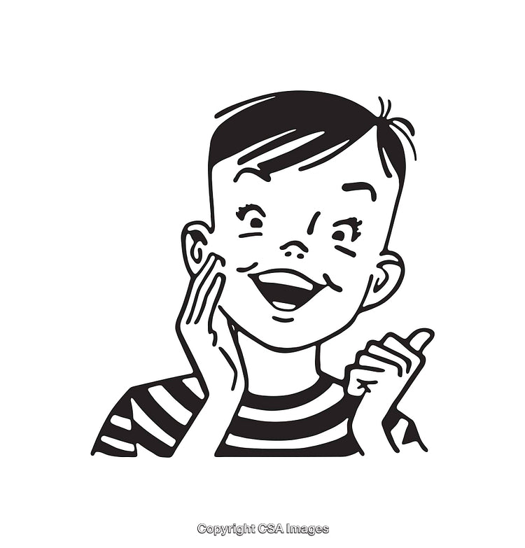 Retro Style Black and White Line Art of a Smiling Child
