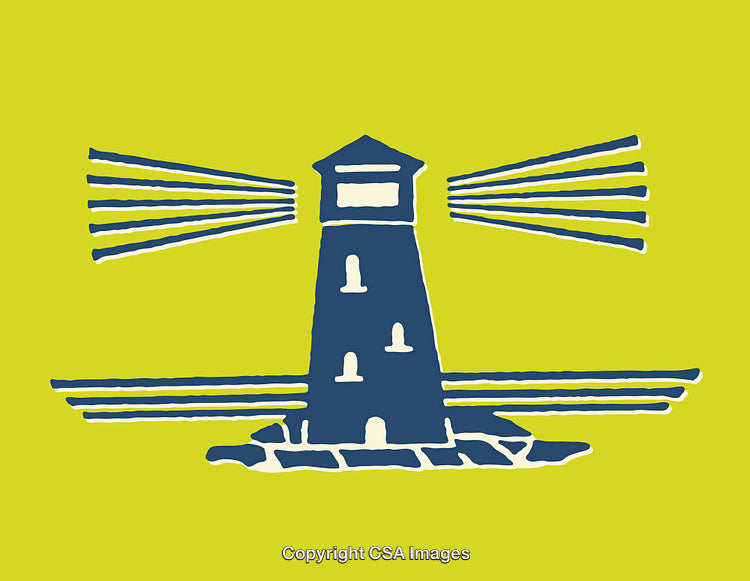 Colorful Lighthouse Illustration with Radiating Light Rays on a Vibrant Background
