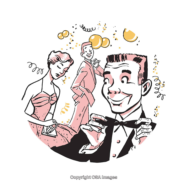 Retro Party Illustration Featuring Stylish Attendees in Formal Attire