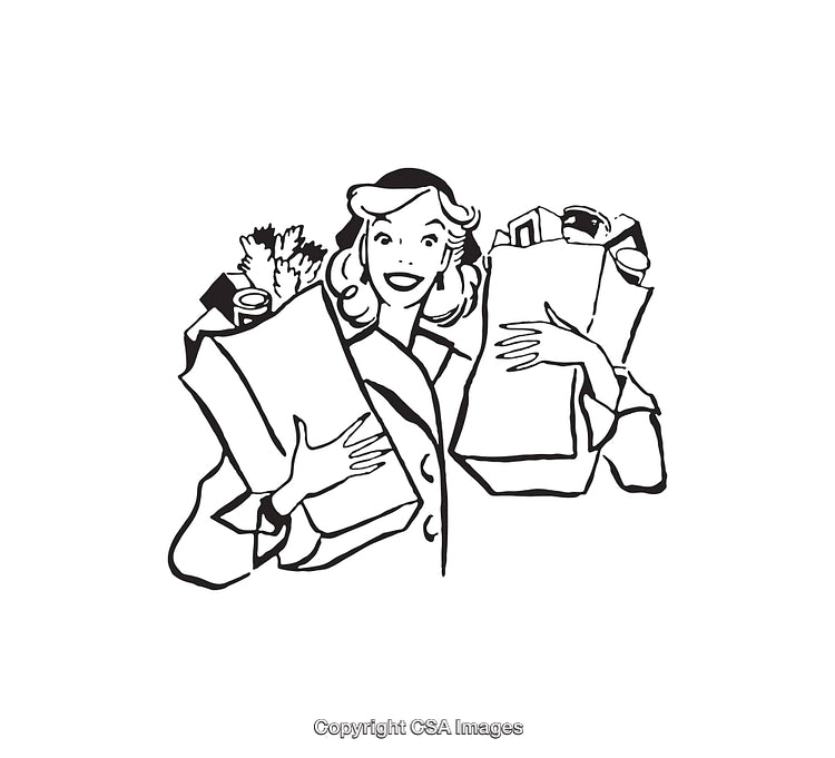 Retro Style Illustration of a Woman Carrying Grocery Bags