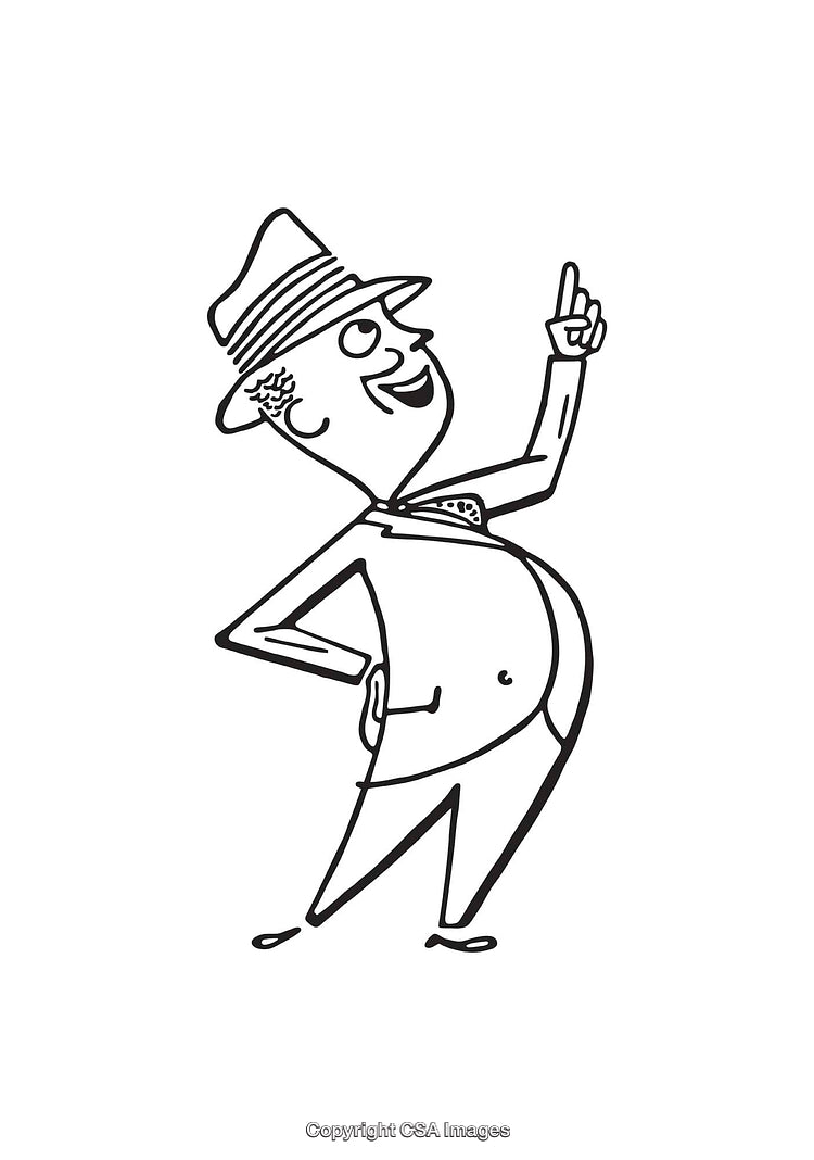 Black And White Cartoon of a Man Pointing Upwards in Excitement
