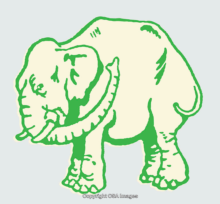 Vintage Line Art Illustration of a Green and Cream Elephant