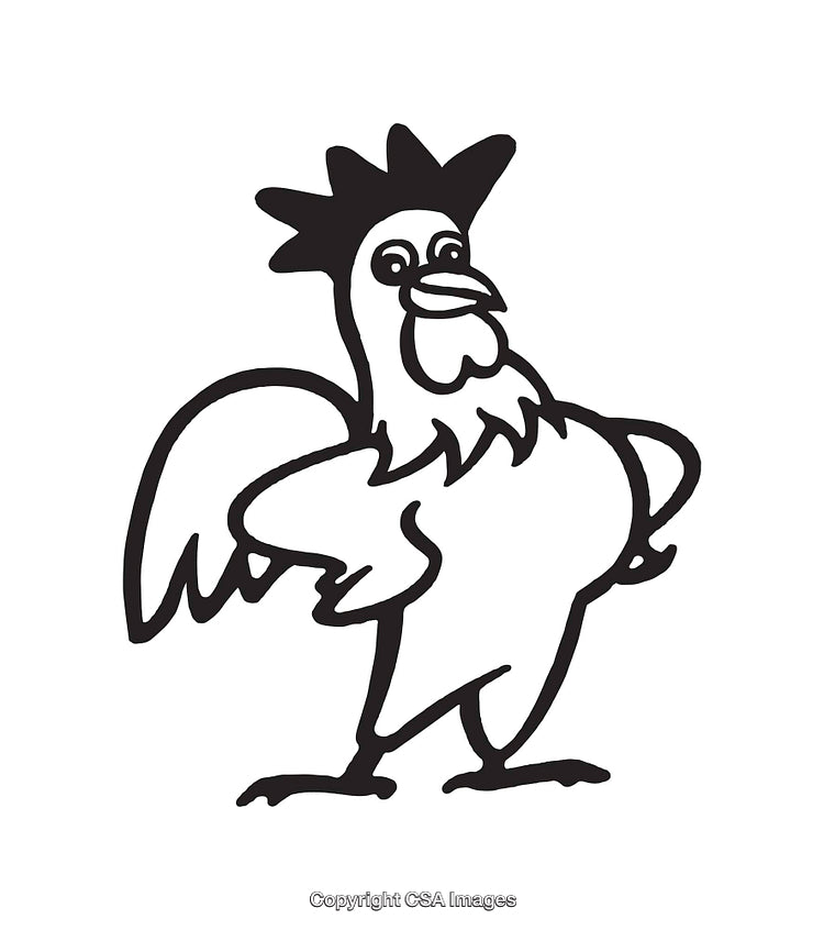 Black and White Illustration of a Confident Cartoon Chicken Character