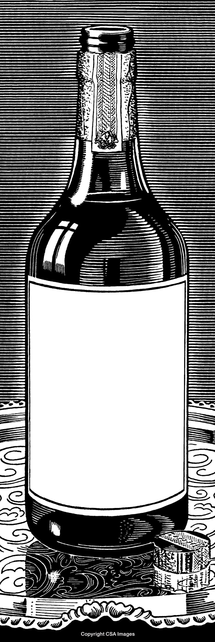 Detailed Black and White Engraving of a Beverage Bottle on a Decorated Table
