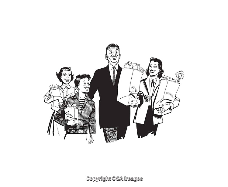 Vintage Illustration of a Happy Family Carrying Groceries Together