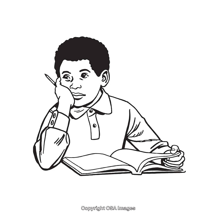 Black And White Line Art of a Boy Studying and Thinking