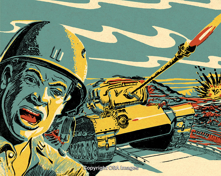Retro War Illustration Featuring Soldier and Tank in Explosive Battle Scene