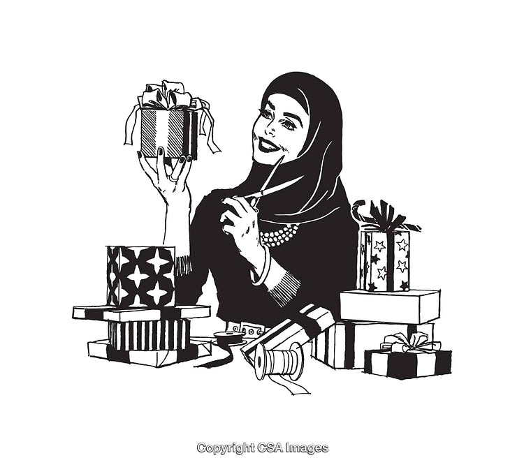 Black and White Line Art Woman Wrapping Gifts With Scissors