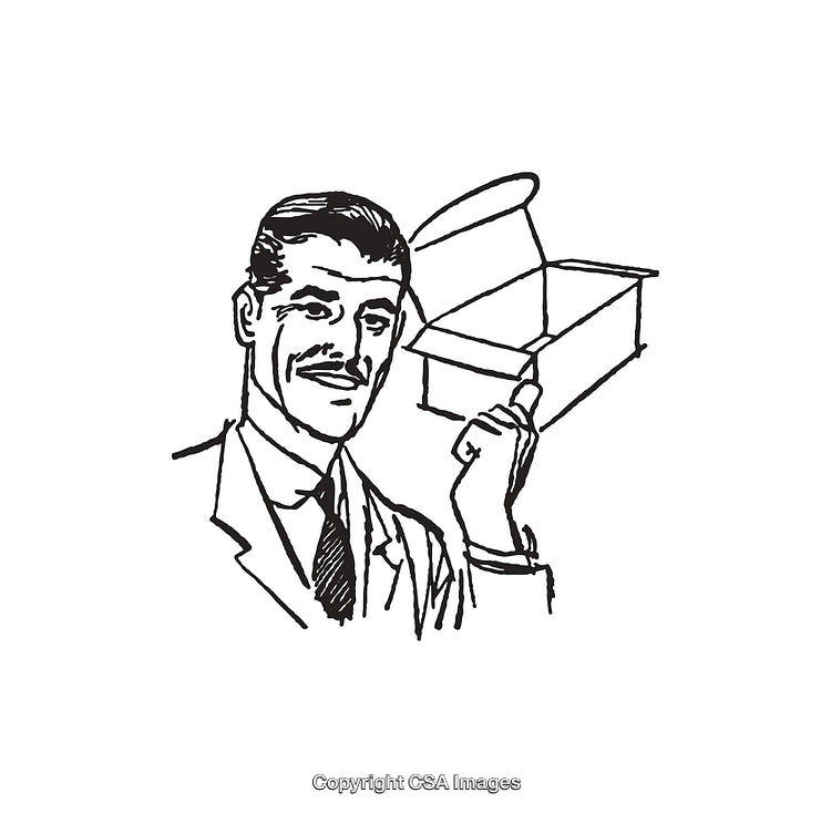 Retro Line Art Illustration of a Man with an Open Box