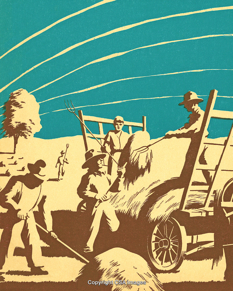 Vintage Farming Scene with Farmers Collecting Hay in the Countryside