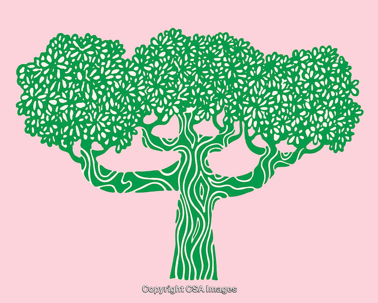 Colorful Line Art Green Tree With Lush Foliage on Pink Background