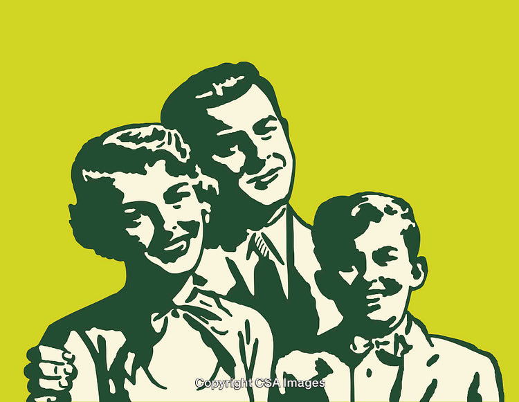 Retro Illustration of a Smiling Family on Green Background