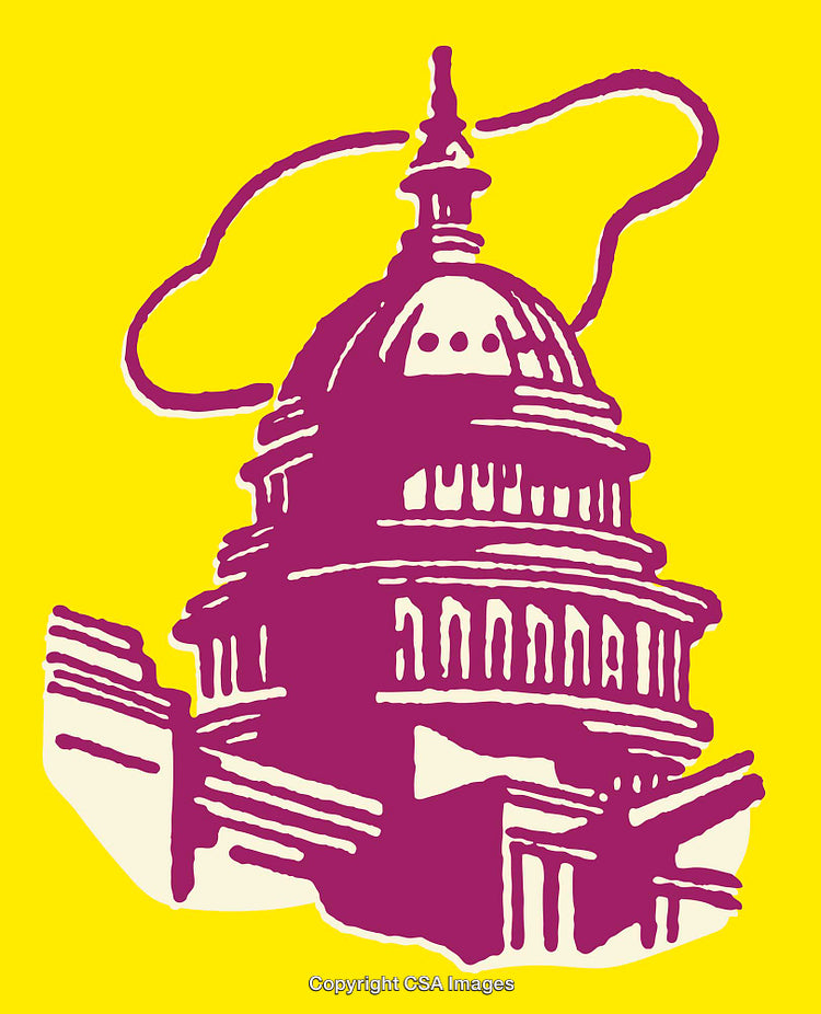 Colorful Line Art of the US Capitol on a Vibrant Yellow Background