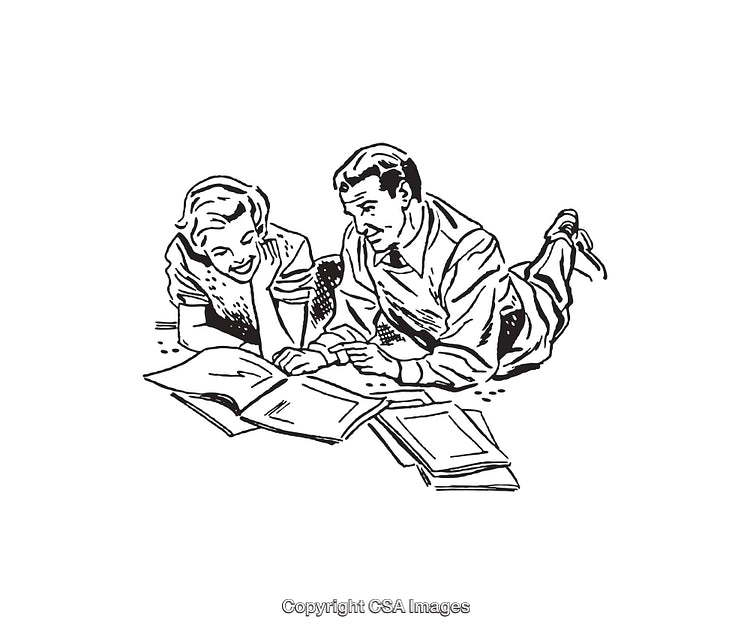 Vintage Black and White Illustration of a Couple Engrossed in Study